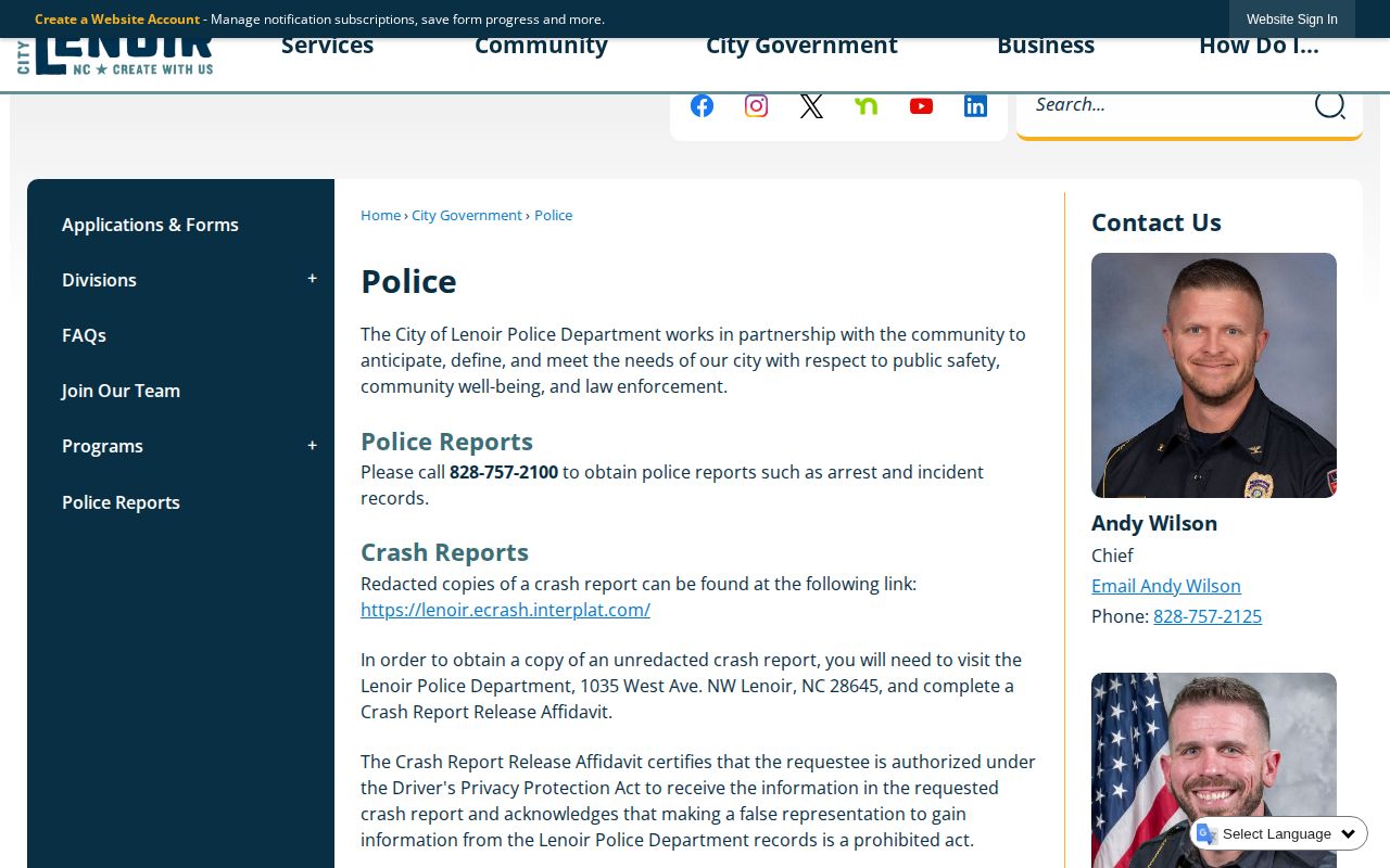 Official Lenoir Police page with address phone and police report information