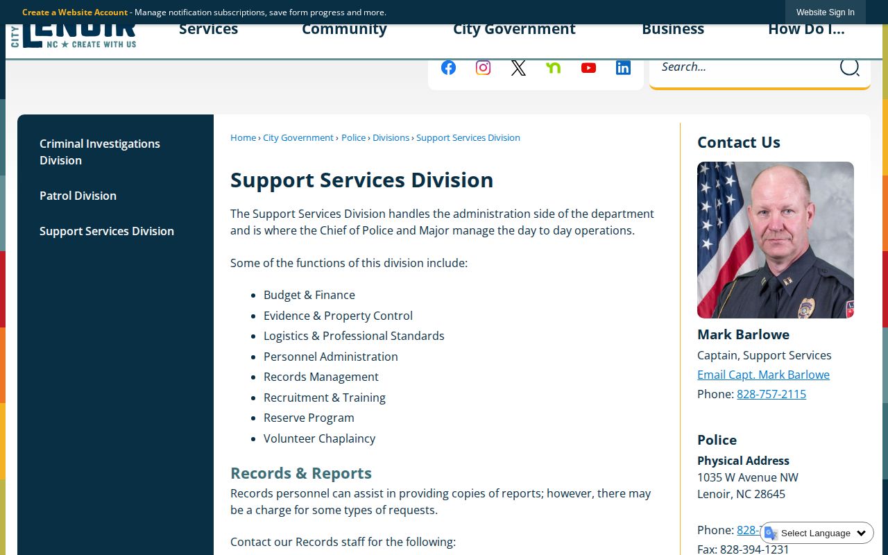 Lenoir Support Services page explaining police records management