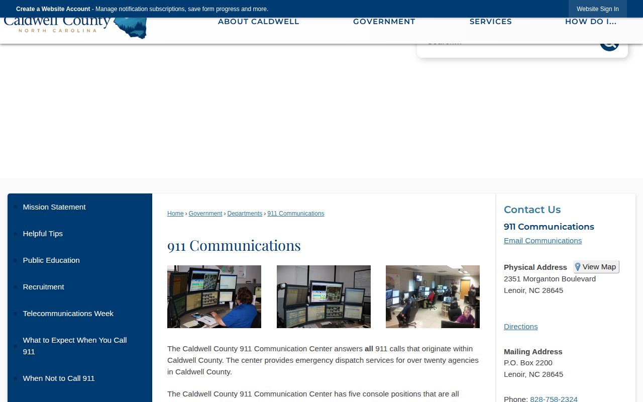 Caldwell County 911 Communications page describing regional dispatch for Granite Falls Police