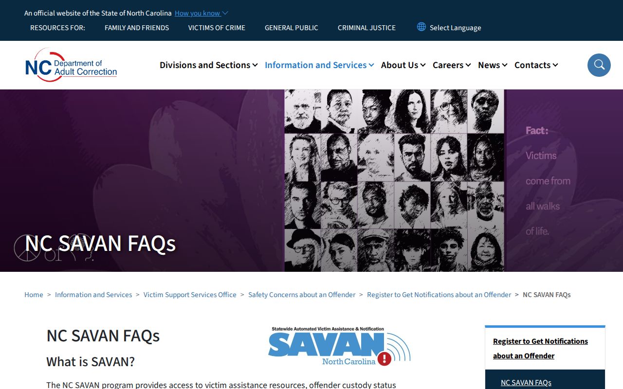 NC SAVAN FAQ explaining Caldwell County custody alert coverage and exclusions