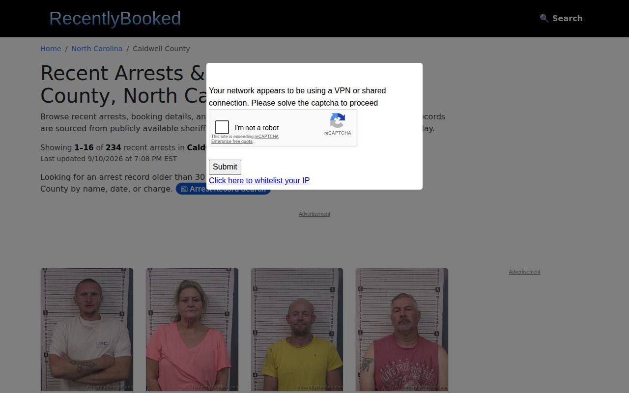 RecentlyBooked Caldwell County page marked as an unofficial booking source