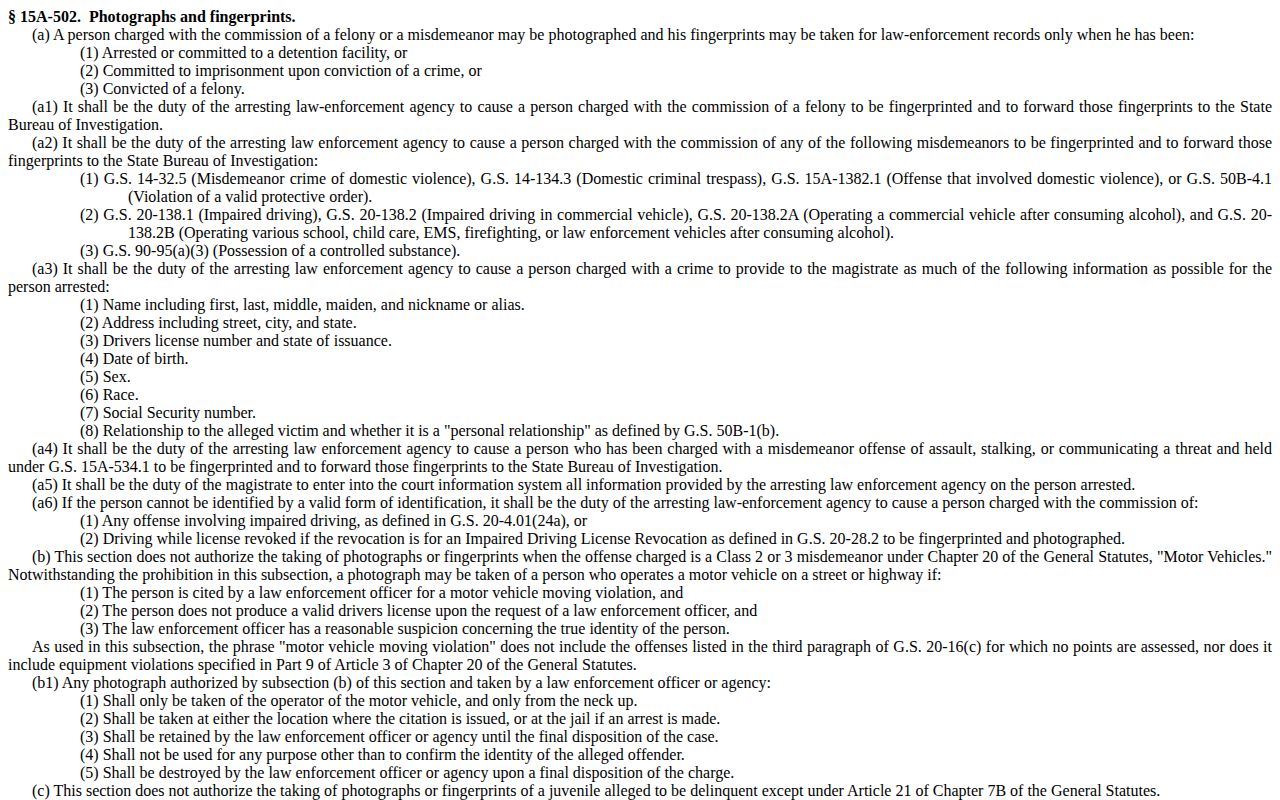 North Carolina statute governing law enforcement photographs and fingerprints